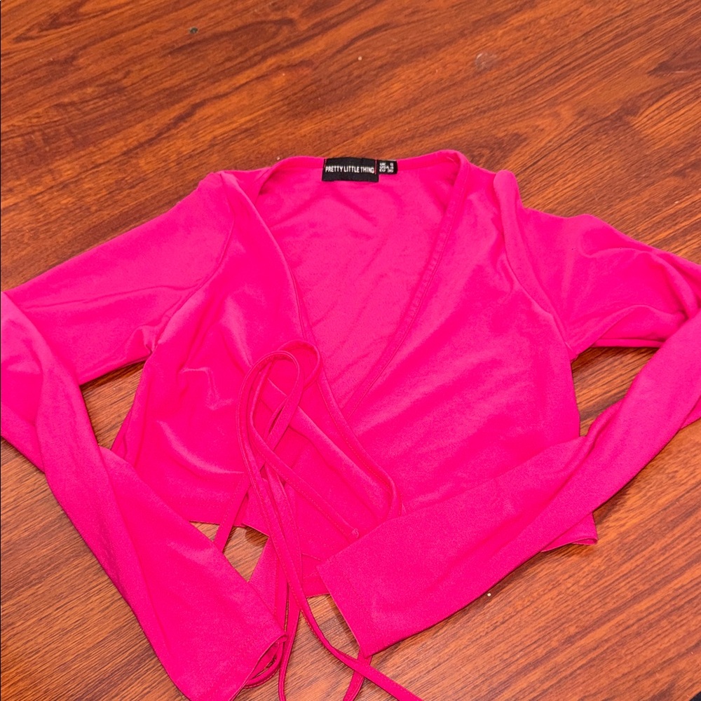 PrettyLittleThing Neon Pink Wrap Tie Crop Top